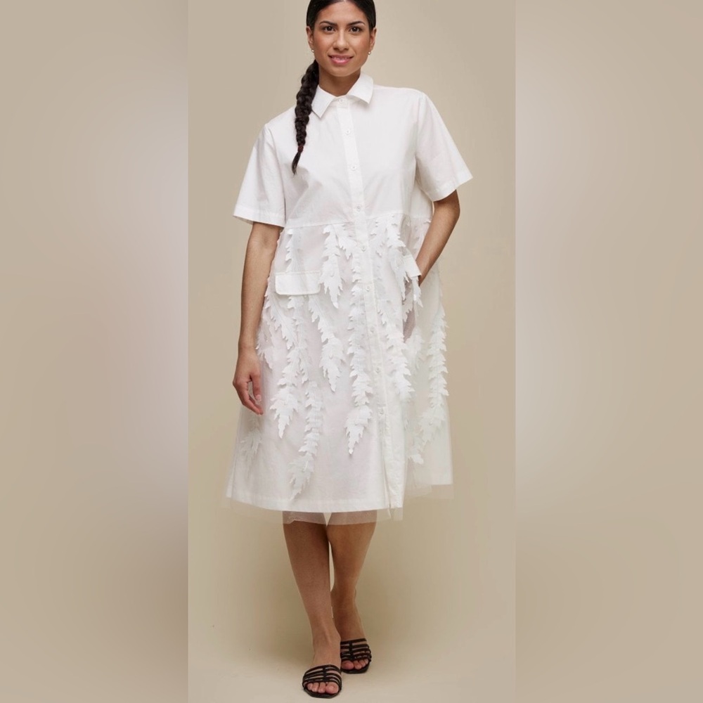 Elegant White Dress with Leaf Appliqué